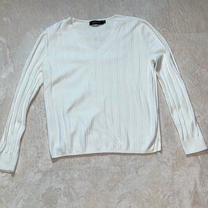 Merokeety Women’s Elegant White V-Neck Long Sleeve Ribbed Sweater SZ M